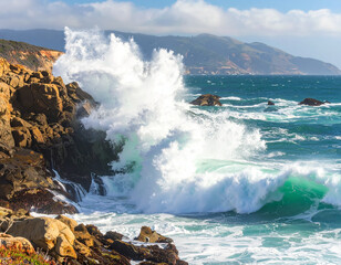 Fototapeta premium wave crashing on rocks
