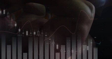 Lying supine man performing abdominal crunches overlaid finance chart rising and falling with reps - Powered by Adobe