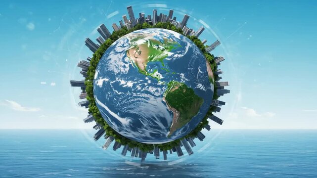 Global Harmony: Sustainable Cityscapes and Nature - A digitally created video depicting a harmonious future where global cities are integrated with nature, surrounding a realistic Earth.