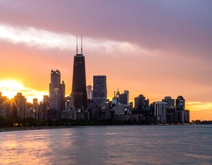 Fototapeta premium Chicago skyline at sunset over lake