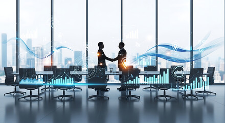 Two business people shaking hands in a conference room with data visualizations overlaying the image
