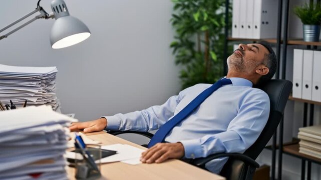 Exhausted Middle Aged Man Sleeping at His Desk