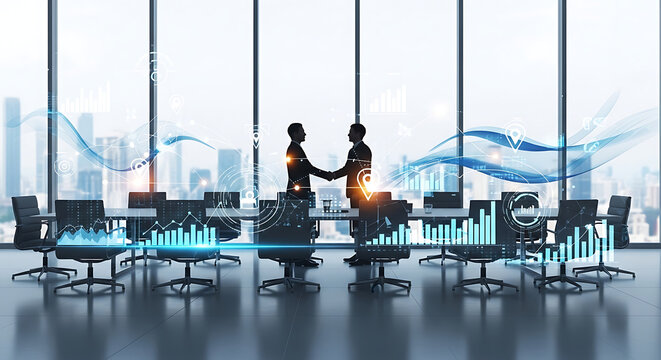 Two business people shaking hands in a conference room with data visualizations overlaying the image