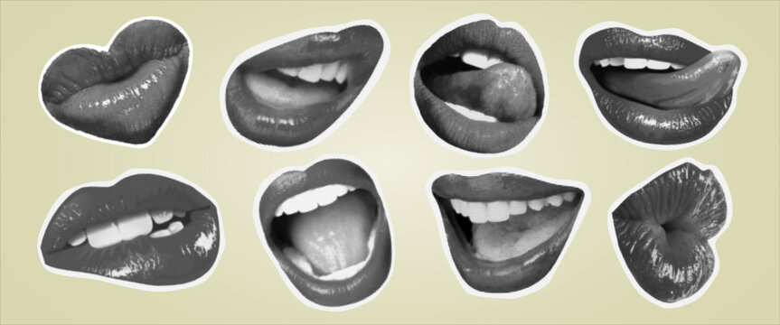 Set of vintage halftone lips illustrations with different mouth expressions, retro pop art style stickers of smiling, kissing, biting and playful lips on textured background