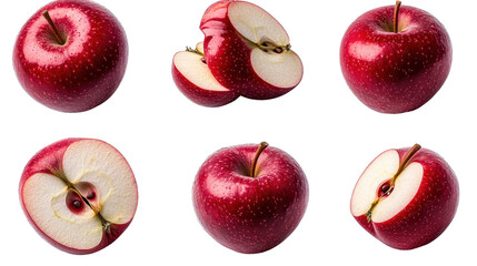 Various red apple views, including sliced, halved, and whole from multiple angles, are isolated on a white transparent background
