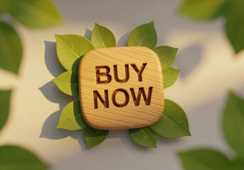 Eco-friendly buy now button with wooden texture and green leaves for sustainable shopping design