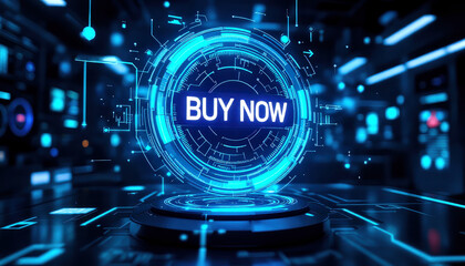 Futuristic buy now button with digital interface for online shopping design