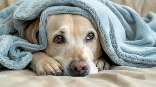 A lovable dog snuggles under a soft blanket, displaying a peaceful demeanor full of warmth and comfort in a cozy environment