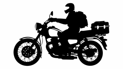 Obraz premium Silhouette of a motorcyclist with helmet and backpack riding a classic motorcycle on a white background | editable eps vectors