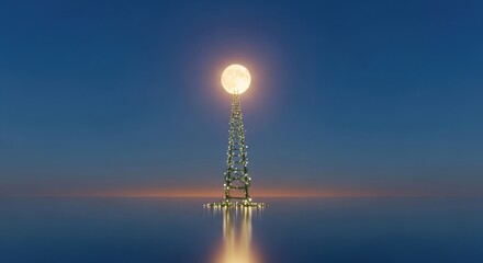 Obraz premium Tower glowing with light in the middle of the ocean at sunset