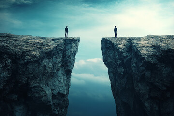 Two figures stand on opposite cliff edges a vast chasm separating them under a dramatic sky