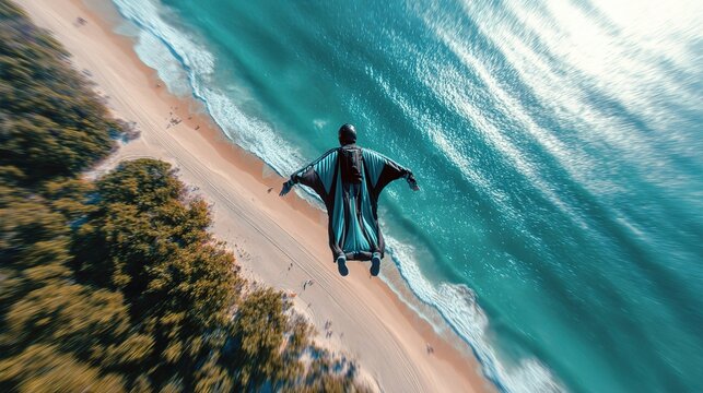 High-speed Aerial View of a Person in a Wingsuit Soaring over a Vibrant Tropical Beach and Turquoise Ocean with Dynamic Motion Blur