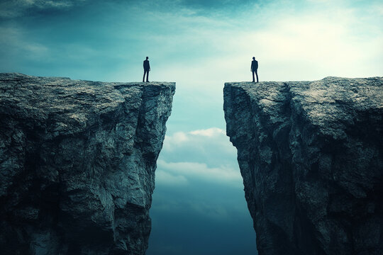 Two figures stand on opposite cliff edges a vast chasm separating them under a dramatic sky