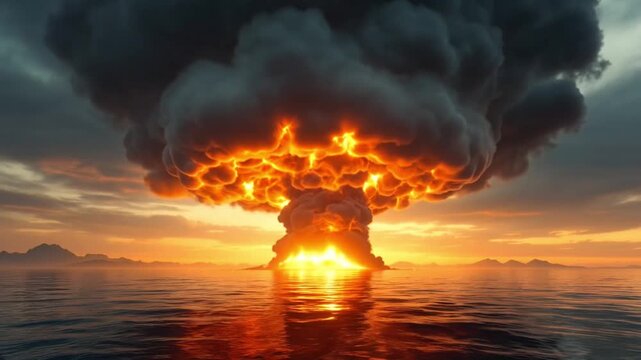 Massive Nuclear Explosion Over the Ocean at Sunset atomic bomb mushroom cloud