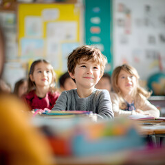 Engaged young students excitedly learning and participating in a vibrant classroom environment
