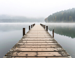 pier on the lake with fog