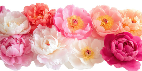 Vibrant set of lush peony blooms on pristine white