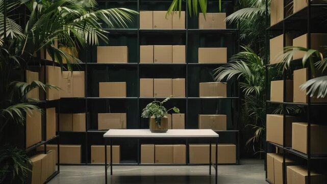 A calm area featuring organized boxes among lush plants, showcasing an aesthetic mix of nature and storage solutions