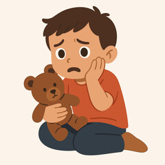 Naklejka premium Young boy sitting with teddy bear looking sad and worried 