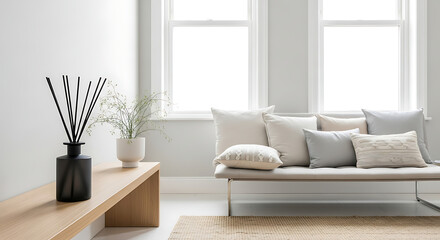 Fototapeta premium Modern living room with a sofa, cushions, and a diffuser on a wooden bench