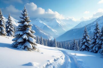 Fototapeta premium A serene winter landscape covered in glistening snow, with evergreen trees and mountains in the background , scenery, chilly