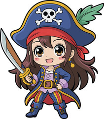 Chibi pirate girl in colorful costume with sword, cute anime-style character illustration for children’s books, fantasy themes, adventure games, and design use