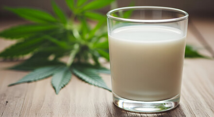 Glass of Hemp Milk with Hemp Leaves.