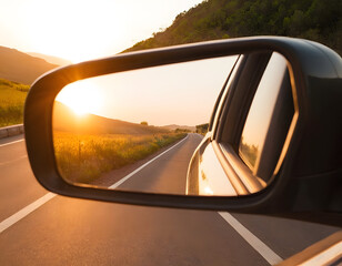 the rear view mirror of a car on the side of the road with the sun reflecting in the rear view miror. travel concept, car driving on the road