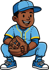 Cute cartoon boy baseball player in blue uniform, squatting ready to catch, wearing glove and cap, vector illustration for kids sports themes