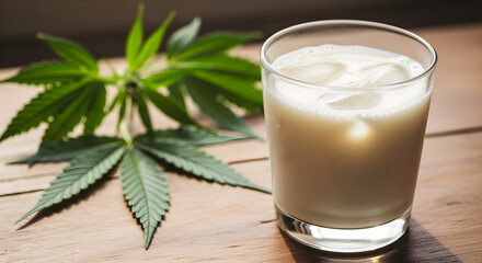 Glass of Hemp Milk with Cannabis Leaves.