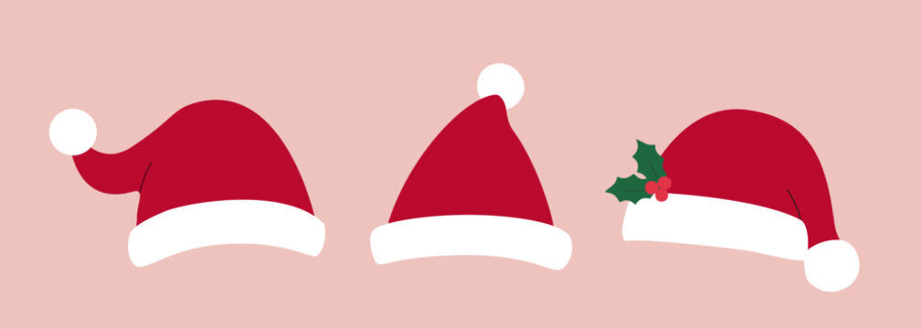 Set of Winter holiday red santa hat flat vector illustration.
Christmas hat cartoon clipart.
Design for greeting card, poster, invitation banner, leaflet. - Powered by Adobe