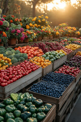 A vibrant and colorful farmers market stand with fresh organic bell peppers and other vegetables arranged in rustic wooden crates, creating a rich visual texture