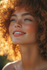 A beautiful young woman with bright freckles, blue eyes, and natural red curly hair, smiling softly. This vibrant and authentic close-up portrait captures joy and natural beauty