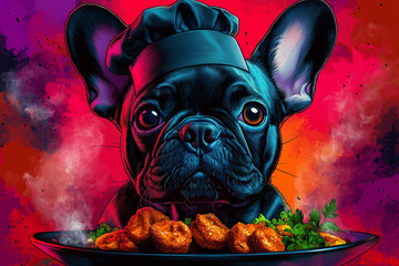 A cute French Bulldog chef wearing a hat, looking eagerly at a plate of delicious chicken nuggets. Vibrant, pop-art style with bold colors and playful concept