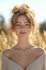 A charming portrait of a young woman with a soft smile, freckles, and a messy bun. Bathed in warm sunlight with a golden, natural background, evoking a carefree and serene mood