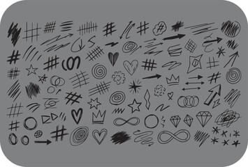 Fototapeta premium A diverse collection of hand drawn doodle elements including scribbles arrows hearts stars circles hashtags and infinity symbols creating a chaotic yet artistic abstract background pattern