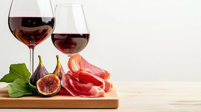 Fresh ripe figs with green leaves, slices of prosciutto, two glasses of red wine on a wooden surface against a white background for healthy food and wine pai