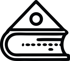 Simple black and white line art icon of a book with a triangle and circle on top symbolizing education or knowledge