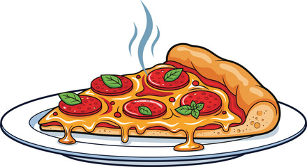 Delicious cartoon pepperoni pizza slice with melting cheese, hot food vector illustration, cheesy fast food meal for restaurant menu, kids design, ads