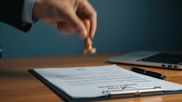 Hand Stamping Official Document - Close-up view of a hand using a wooden stamp on an official document.  A laptop and pen are visible in the background on a wooden desk.