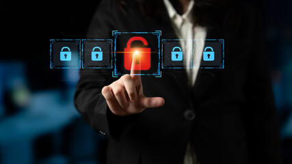 Digital security concept illustrating a cybersecurity breach, with a red unlocked padlock indicating data exposure among secure systems, emphasizing system vulnerability and risk Latch