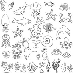Cute sea animals icon vector set. Sea life illustration sign collection. ocean life symbol. 