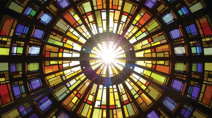 Bright Stained Glass Rose Window with Sunburst Effect and Colorful Segments light.