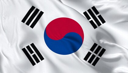 "South Korea's national flag 'Taegukgi' with white field, central red and blue Taeguk symbol, and four black trigrams in each corner, representing balance, harmony, and cultural identity."