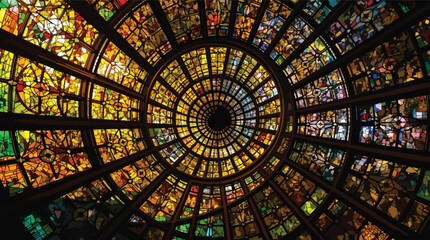 Circular stained glass window with radiating geometric patterns and warm colors vector illustration.