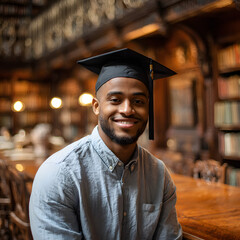 Fototapeta premium Young african american man wearing graduation cap smiling confidently in library setting with bokeh background