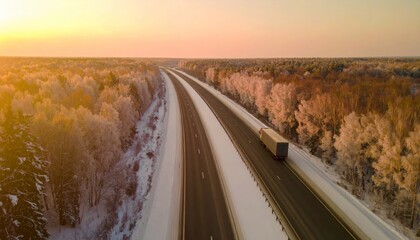 cargo truck driving on highway, beautiful sunrise in a winter landscape