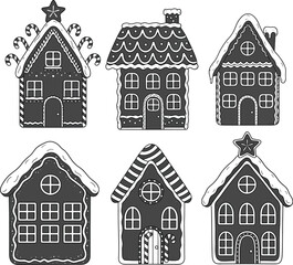 Printset of houses winter christmas decoration icons vector design collections black white simple modern style isolated