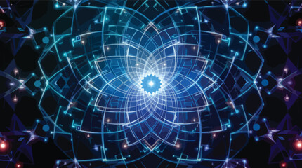 Obraz premium Symmetrical blue and teal geometric pattern with glowing light effects abstract.