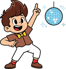 Happy dancing boy in brown shirt and yellow bow tie with white pants, disco style, disco ball, retro party, cartoon vector illustration